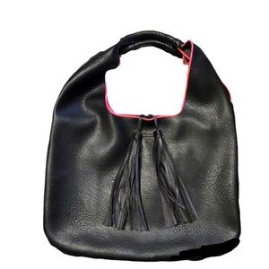 Black Faux Leather Boho Bag with pink trim and tassels